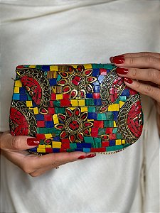 Bolsa Clutch em Metal - Colorida e Dourada - Com Alça