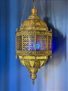 Luminária Marroquina de Teto Metal Ouro Velho Luz Azul