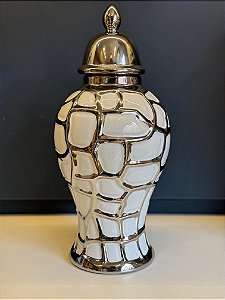 Potiche - Branco e Prata - Relevo - Ceramica - 40cm