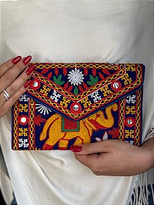 Bolsa Clutch - Tecido - Bordado - Elefante - Azul Escuro e Colorido