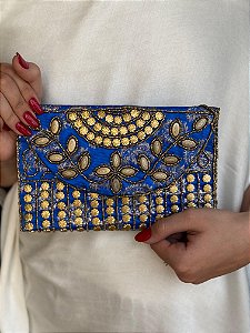 Bolsa Clutch - Bordado - Miçangas - Azul e Dourado