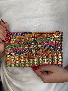 Bolsa Clutch - Bordado - Miçangas - Colorida e Dourado