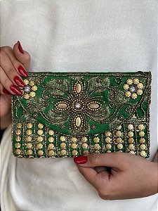 Bolsa Clutch - Bordado - Miçangas - Verde e Dourado