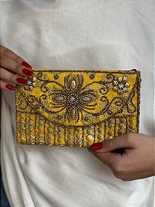 Bolsa Clutch - Bordado - Miçangas - Amarelo e Dourado