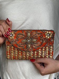 Bolsa Clutch - Bordado - Miçangas - Laranja e Dourado