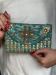 Bolsa Clutch - Bordado - Miçangas - Azul Claro e Dourado
