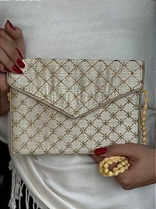 Bolsa Clutch - Bordado - Off White e Dourado
