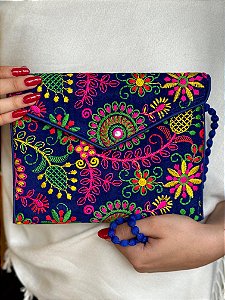 Bolsa Clutch - Tecido - Bordado - Azul Escuro e Colorido