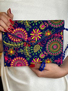 Bolsa Clutch - Tecido - Bordado - Azul e Colorido