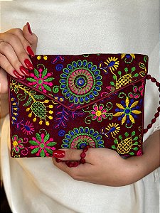 Bolsa Clutch - Tecido - Bordado - Vinho e Colorido