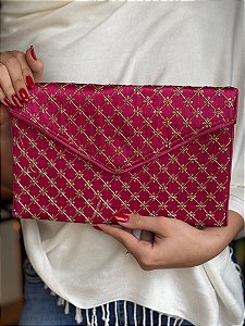 Bolsa Clutch - Tecido - Bordado - Rosa e Dourado