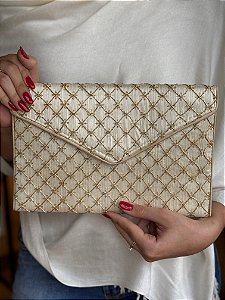 Bolsa Clutch - Tecido - Bordado - Off White e Dourado