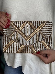Bolsa Clutch - Bordado - Miçangas - Branco e Dourado