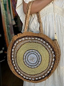 Bolsa Praia - Bordada - Com Miçangas - Marrom e Bege