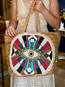 Bolsa Praia - Bordada - Com Miçangas - Olho Grego - Colorido