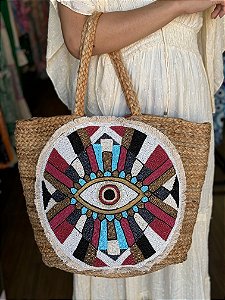 Bolsa Praia - Bordada - Com Miçangas - Olho Grego - Colorido