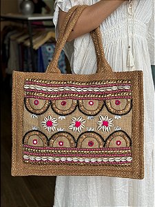 Bolsa Praia - Bordada - Com Miçangas - Rosa
