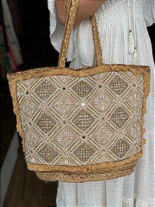 Bolsa Praia - Bordada - Com Miçangas - Bege