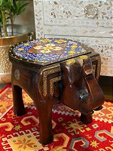 Banqueta - Elefante - Madeira e Azulejo - Aplique em Metal - Azul e Colorido - GG