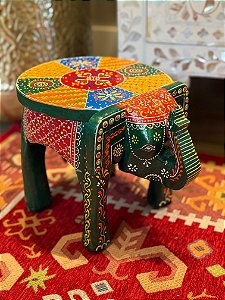 Banqueta - Elefante - Madeira - Pintado à mão - Verde Escuro e Colorido - Pequeno