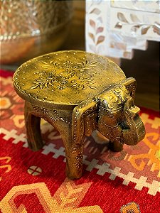 Banqueta - Elefante - Madeira - Pintado à mão - Dourado - Pequenino