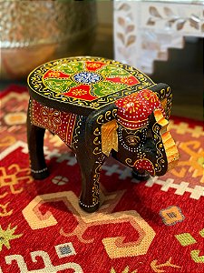 Banqueta - Elefante - Madeira - Pintado à mão - Preto e Colorido - Pequenino
