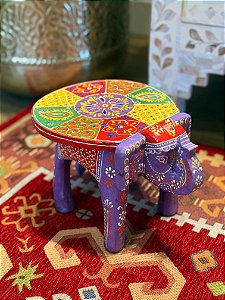 Banqueta - Elefante - Madeira - Pintado à mão - Roxo e Colorido - Pequenino