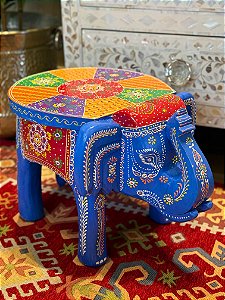 Banqueta - Elefante - Madeira - Grande - Pintado à Mão - Azul e Colorido