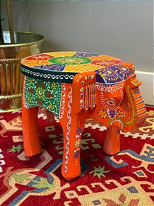 Banqueta - Elefante - Madeira - Pintado à Mão - Laranja e Colorido - Pequeno
