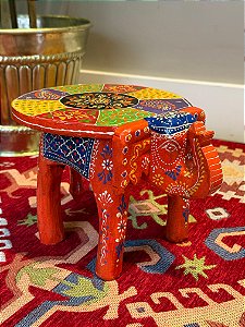 Banqueta - Elefante - Madeira - Pintado à Mão - Laranja e Colorido - Pequenino