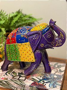 Elefante - Madeira - Pintado à mão - Roxo e Colorido - 24,5CM