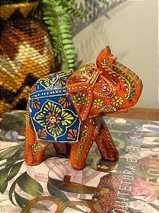 Elefante - Madeira - Pintado à mão - Laranja e Colorido - 11CM