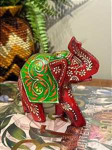 Elefante - Madeira - Pintado à mão - Vermelho e Colorido - 11CM