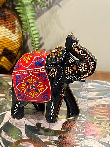 Elefante - Madeira - Pintado à mão - Preto e Colorido - 11CM