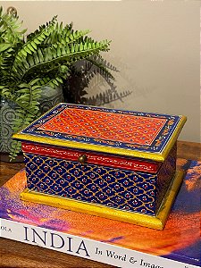 Caixa Decorativa - Porta Joias - Madeira - Pintado á Mão - Azul, Vermelho e Amarelo - M
