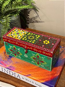 Caixa Decorativa - Porta Joias - Madeira - Pintado á Mão - Verde e Colorido