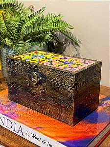 Caixa Decorativa - Porta Joias - Madeira - Pintado á Mão - Marrom e Colorido