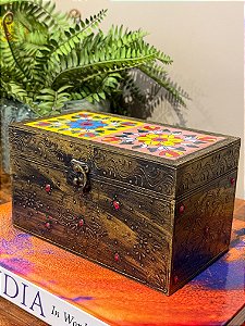 Caixa Decorativa - Porta Joias - Madeira - Pintado á Mão - Marrom e Colorido
