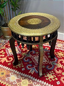 Mesa - Madeira - Marchetado em Metal -  Marrom e Dourado