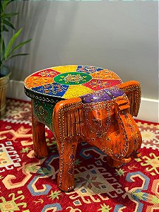Banqueta - Elefante - Madeira - Pintado à Mão - Laranja e Colorido - Grande