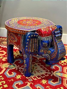 Banqueta - Elefante - Madeira - Pintado à Mão - Azul e Colorido - Grande