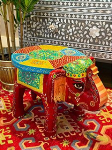Banqueta - Elefante - Madeira - Pintado à Mão - Vermelho e Colorido - Grande