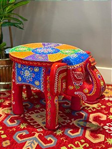 Banqueta - Elefante - Madeira - Pintado à Mão - Vermelho e Colorido - Grande