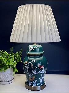 Abajur - Cerâmica - Borboletas e Flores - Verde Escuro com Cúpula
