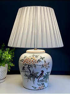 Abajur - Cerâmica - Pássaros e Flores - Off White com Cúpula