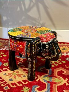 Banqueta - Elefante - Madeira - Pintado à mão - Colorido - Pequeno