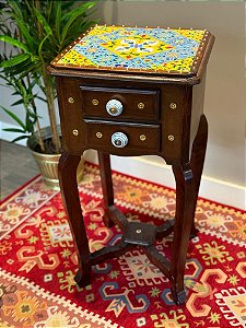 Mesa Gaveteiro - Madeira e Azulejo - Azul e Amarelo