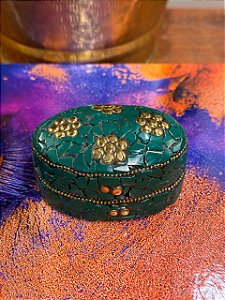 Porta Joias - Metal - Feito à mão - Verde e Dourado - G