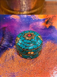 Porta Joias - Metal - Feito à mão - Turquesa, Vermelho e Dourado - M