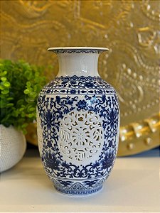 Vaso - Cerâmica - Azul e Branco - 24CM